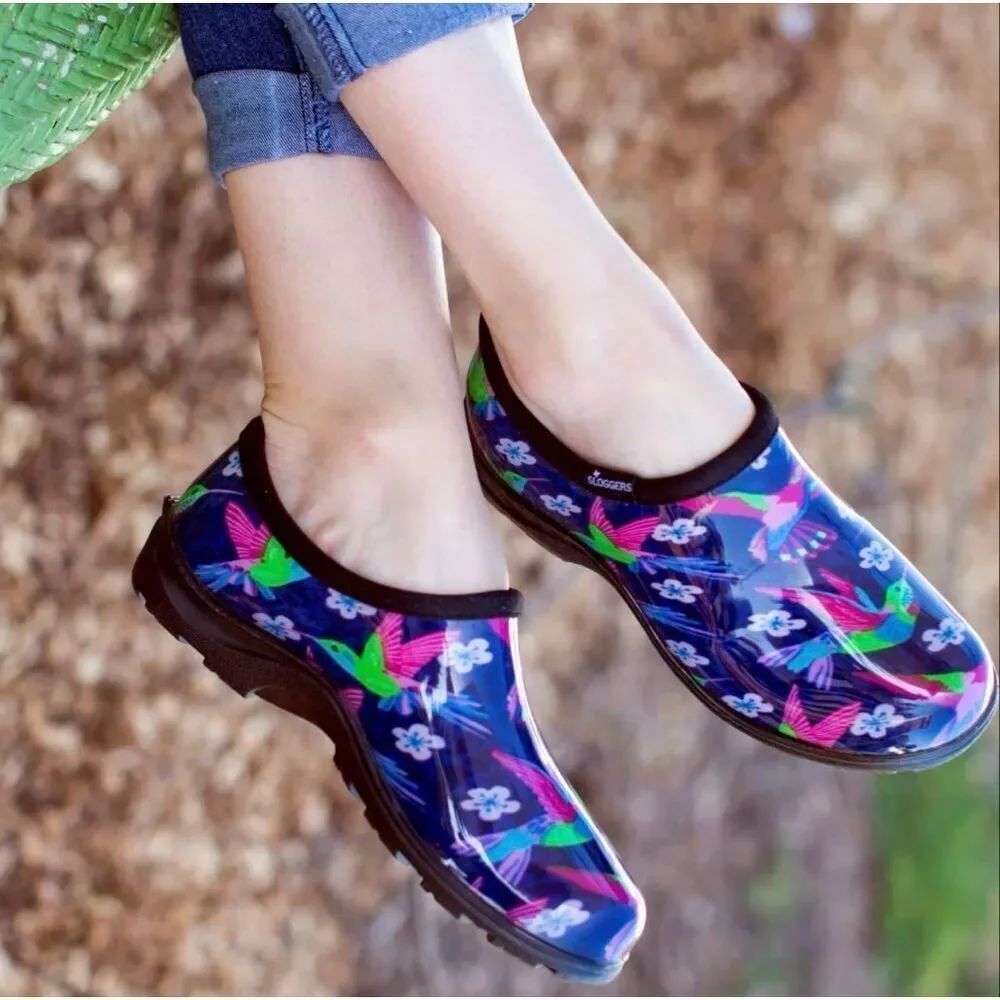 Sloggers Womens Rain and Garden Shoe, Pink Hummingbird Print, Size 9 Nwt